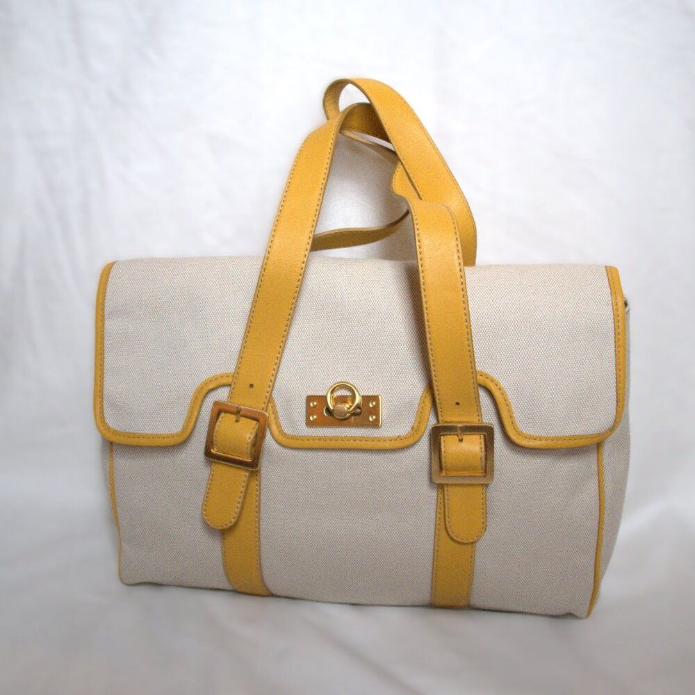Beige Handbag with Yellow Leather Straps